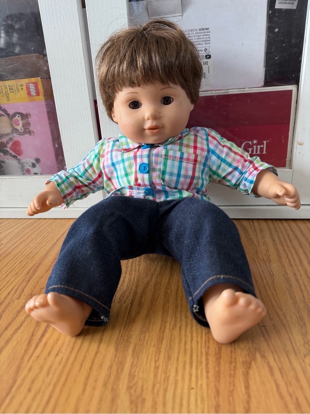 American Girl bitty baby Multicolor Plaid Shirt and Dark Blue Jeans